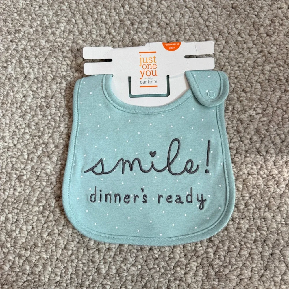 Just One You Carter's Baby Bib Blue Polka Dot Smile Dinner's‎ Ready